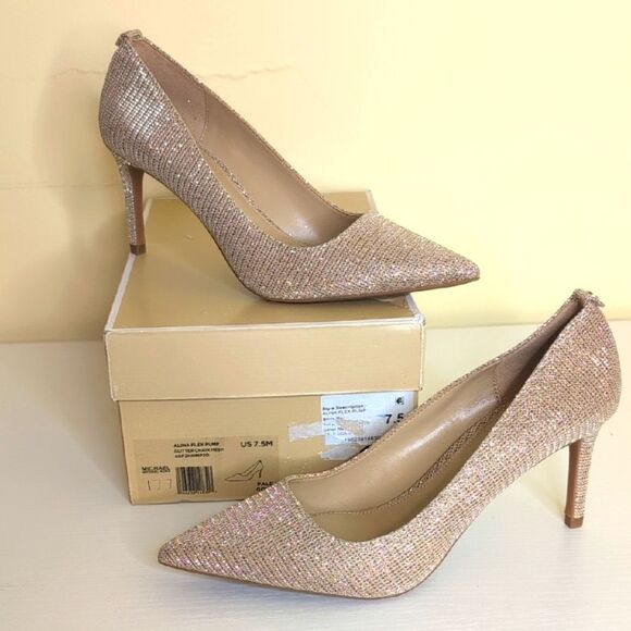 Michael Kors Shoes - Michael Kors 7.5 Alina Flex Pump Pale Gold Glitter Chain Mesh Heels, NEW